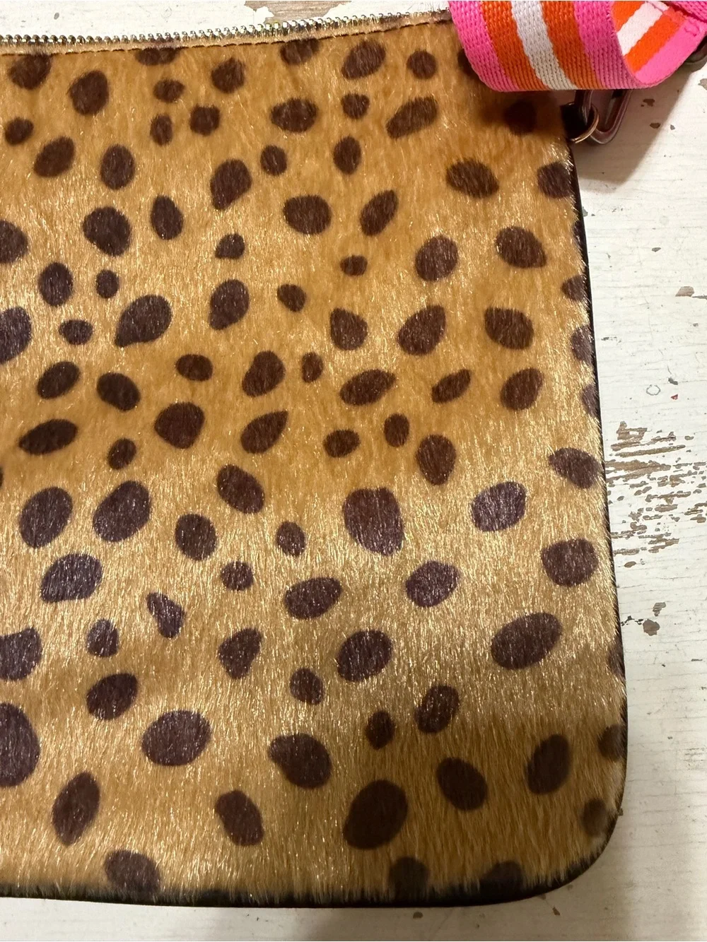 Leopard Print Crossbody Bag with Pink Stripe Strap